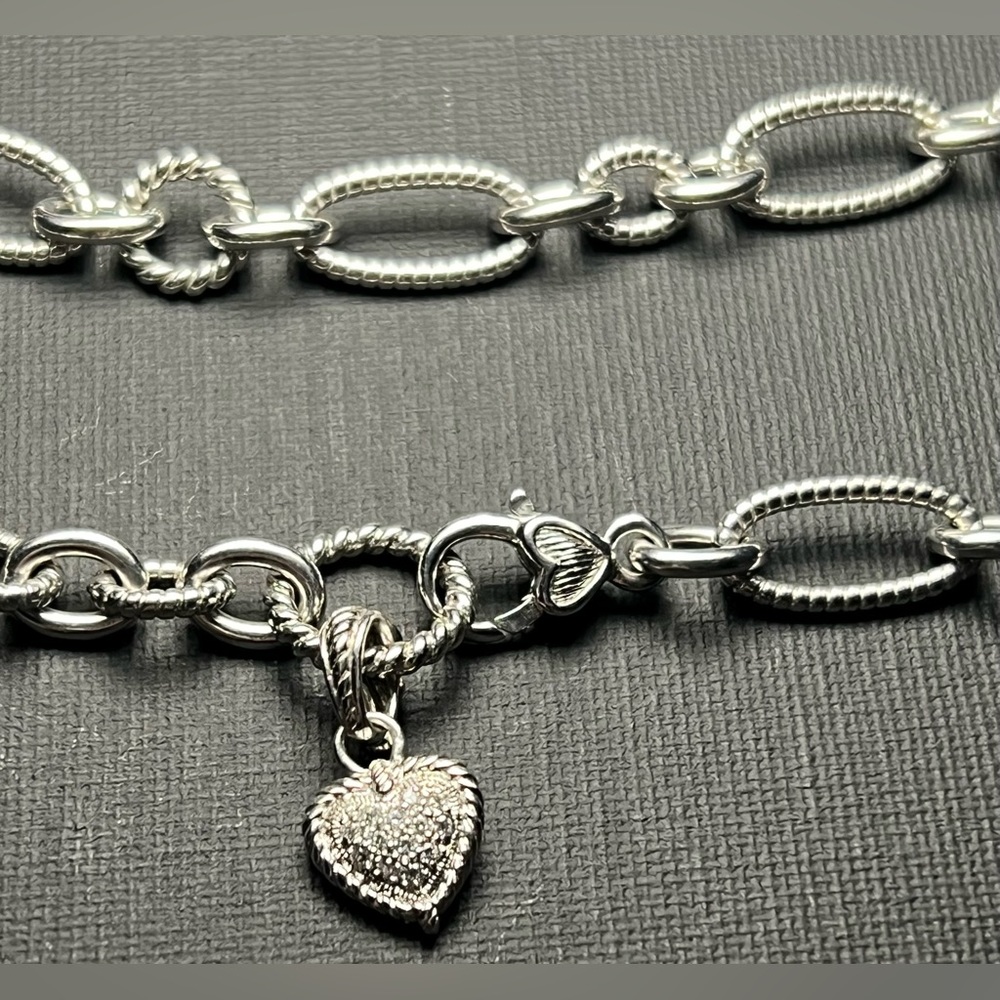 Judith Ripka Heavy Link Sterling Chain Necklace CZ Heart Clasp & Pendant R4
